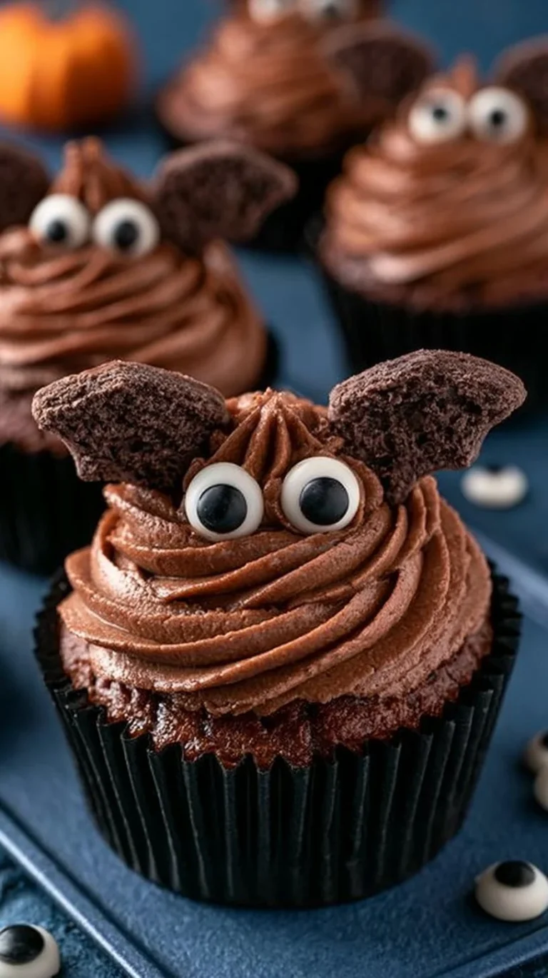 Delicious bat cupcakes decorated for Halloween party treats
