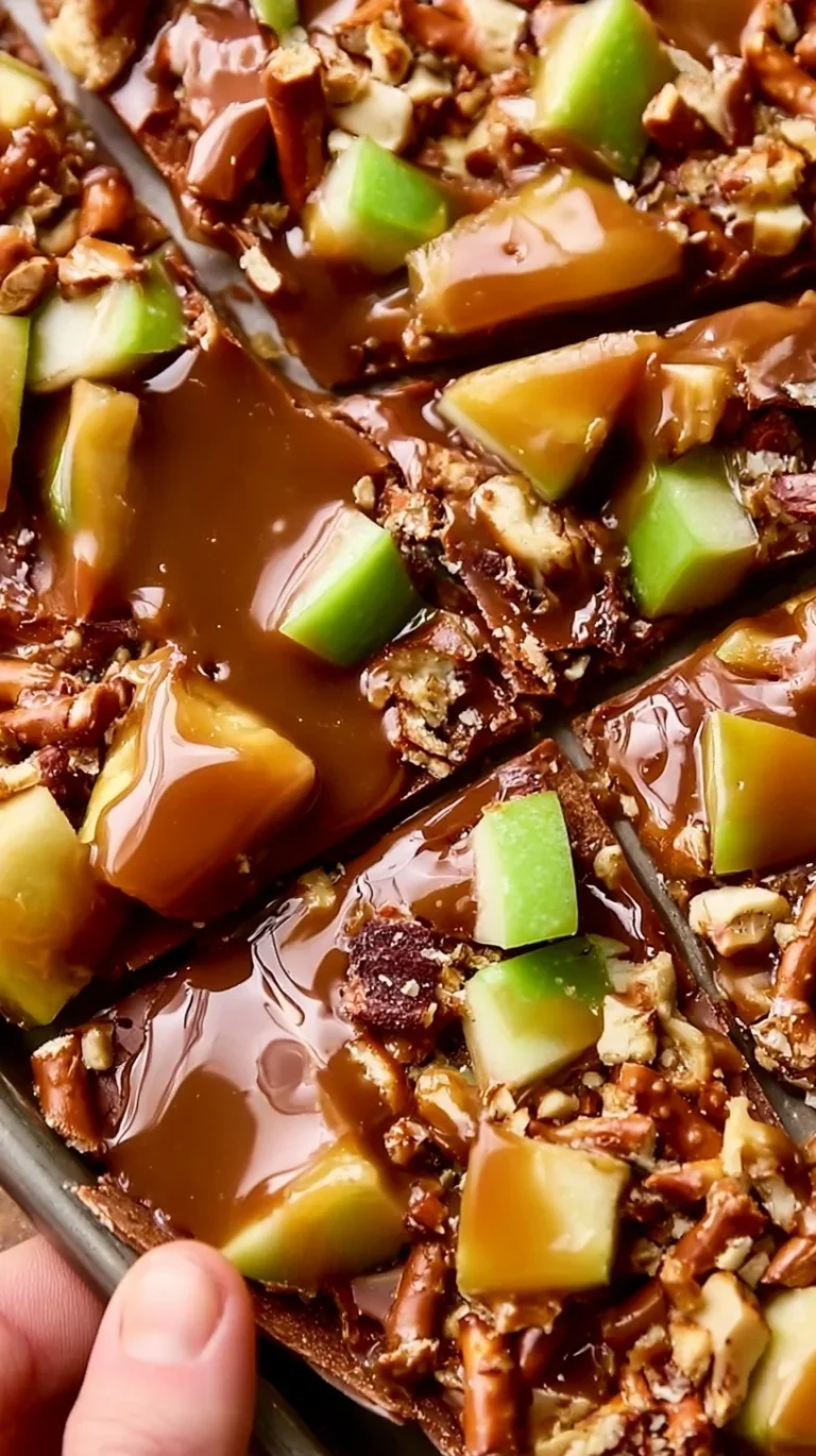 Delicious homemade Caramel Apple Bark with caramel drizzle and apple pieces.