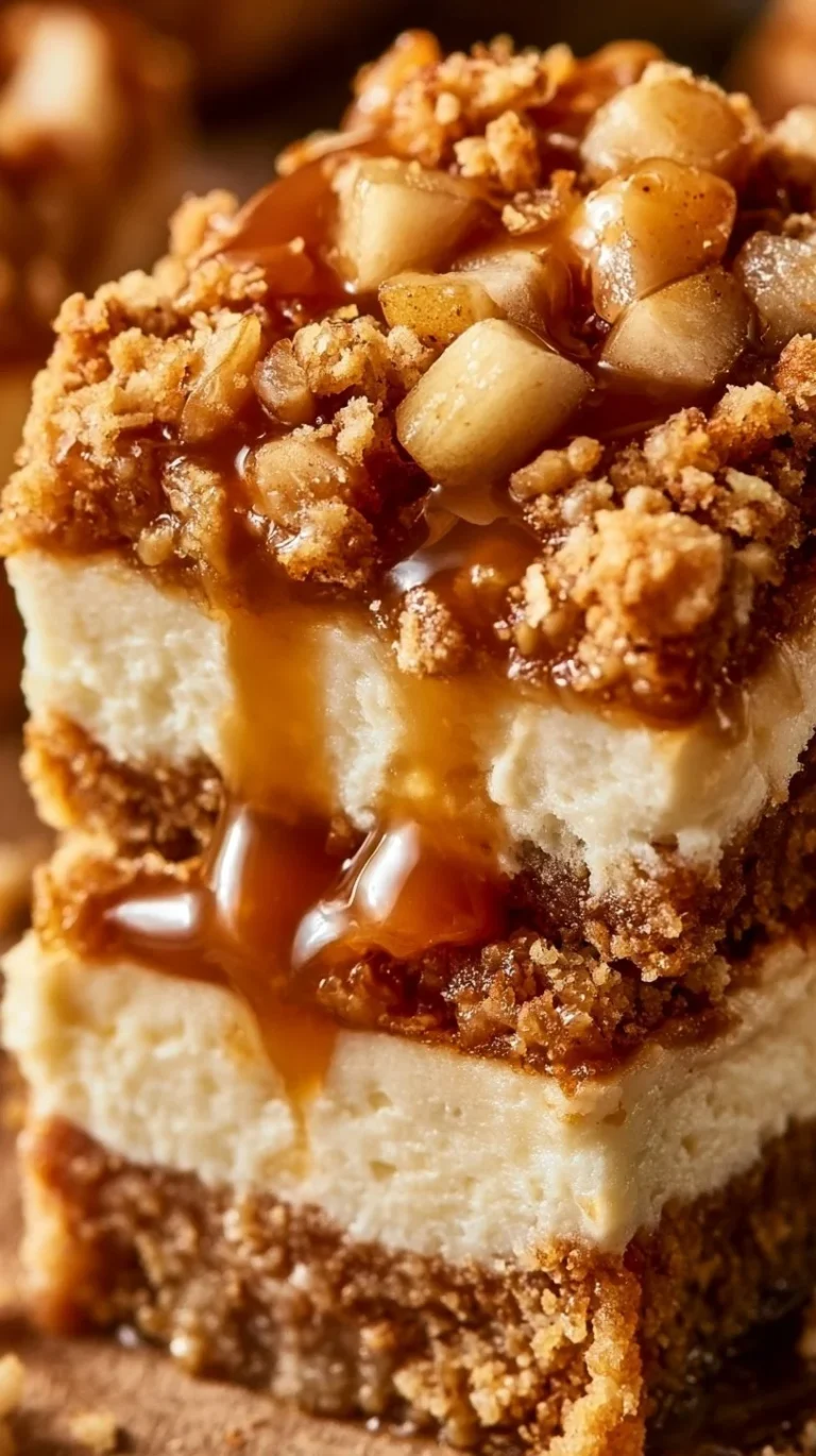 Delicious Caramel Apple Cheesecake Bars topped with caramel and apple slices