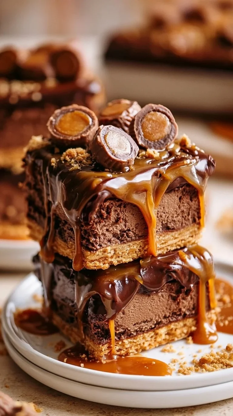 Delicious chocolate caramel cheesecake bars with a rich creamy texture.