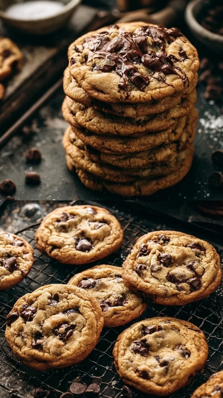 Freshly baked chocolate chip cookies on a cooling rack