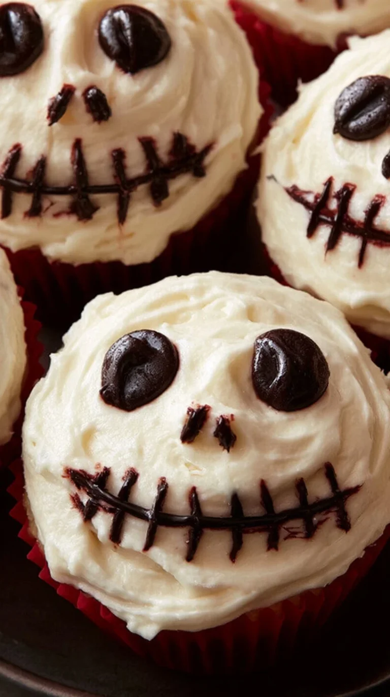 Creepy Halloween skull cupcakes decorated with eerie frosting and candy eyes.