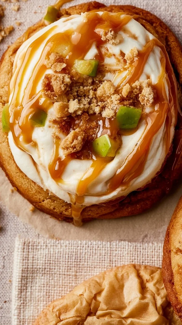 Delicious Crumbl caramel apple cookies with caramel drizzle and apple chunks