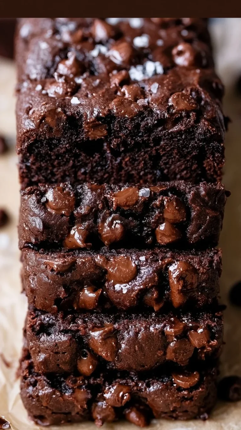 Slice of double chocolate banana bread topped with chocolate chips and banana slices