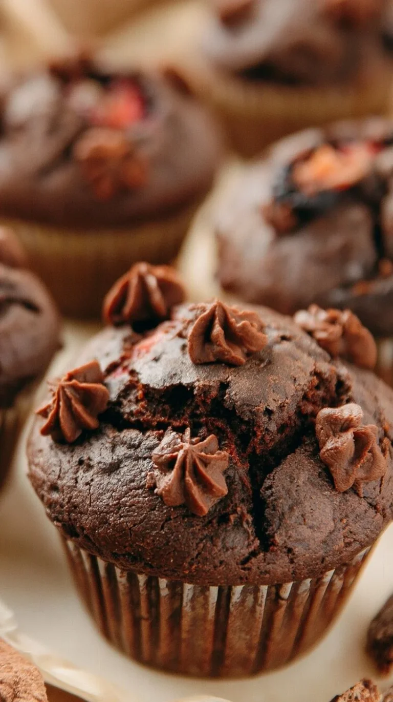 Double chocolate strawberry muffins featuring fresh strawberries and rich chocolate flavor