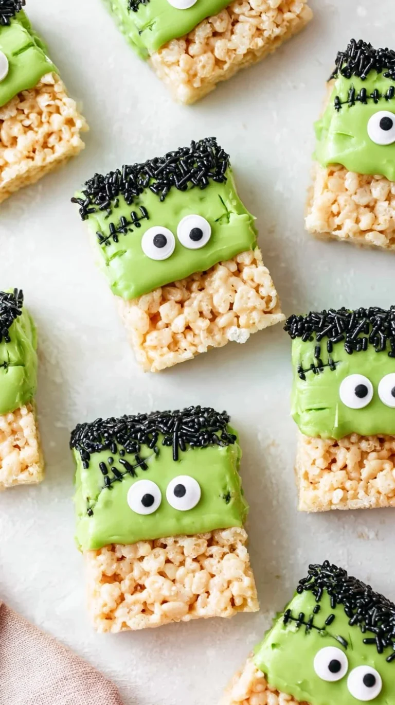 Frankenstein Halloween Rice Krispie Treats decorated with green icing and candy eyes
