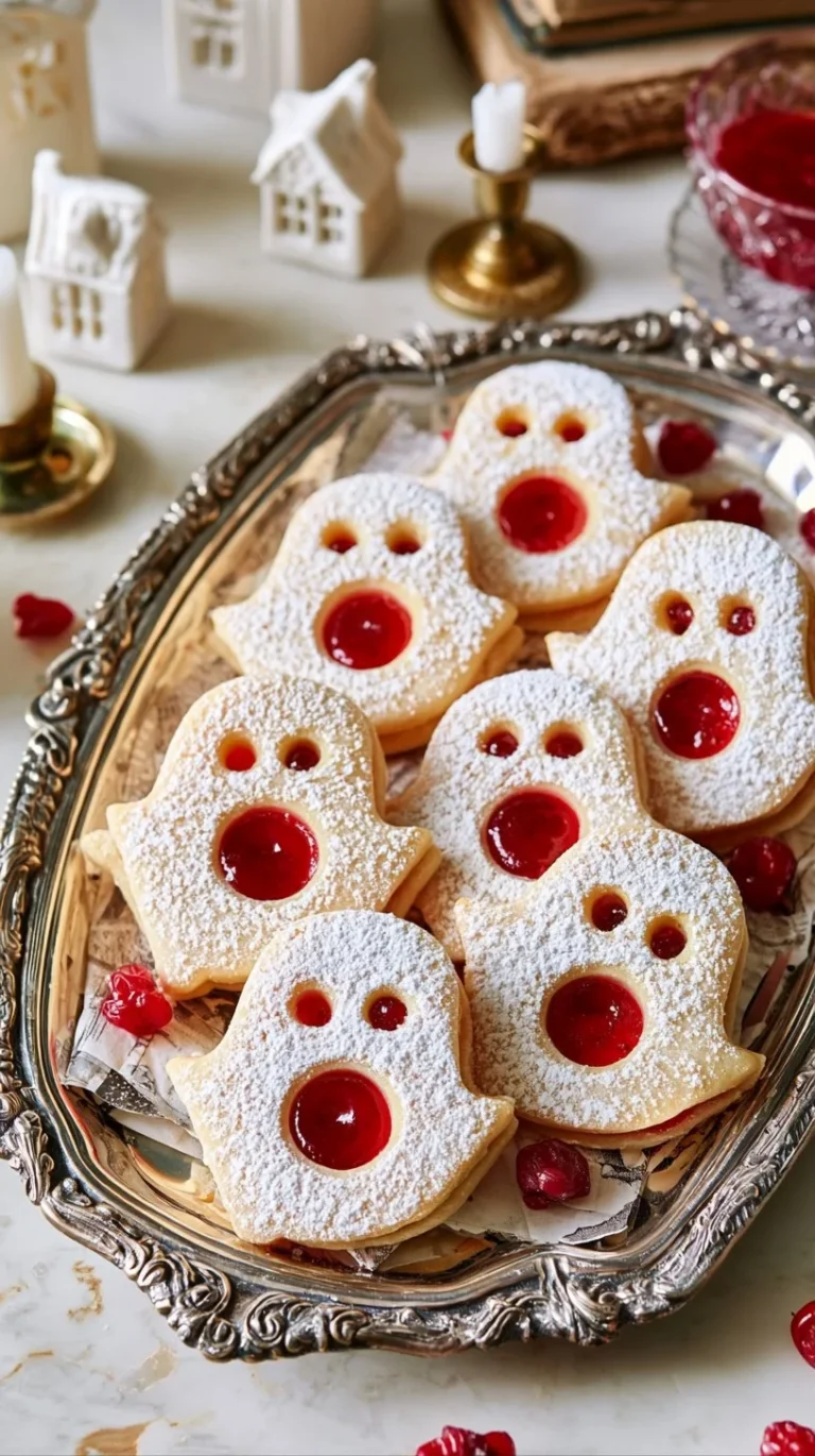 Decorative Ghost Linzer Cookies with powdered sugar and jam filling