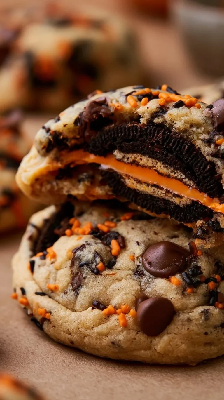 Halloween Oreo Cookies stuffed inside chocolate chip cookies