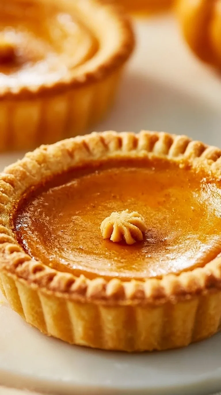 Mini pumpkin pies served on a rustic wooden table with fall decorations.