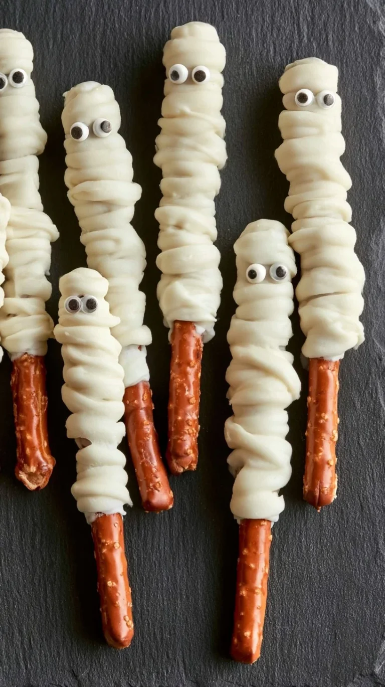 Mummy chocolate covered pretzels decorated for Halloween