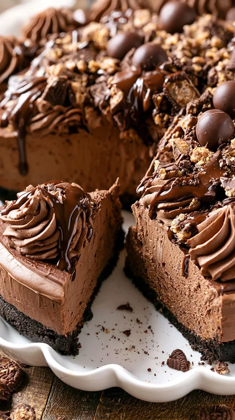 Delicious Nutella Cheesecake topped with chocolate drizzle and hazelnuts.