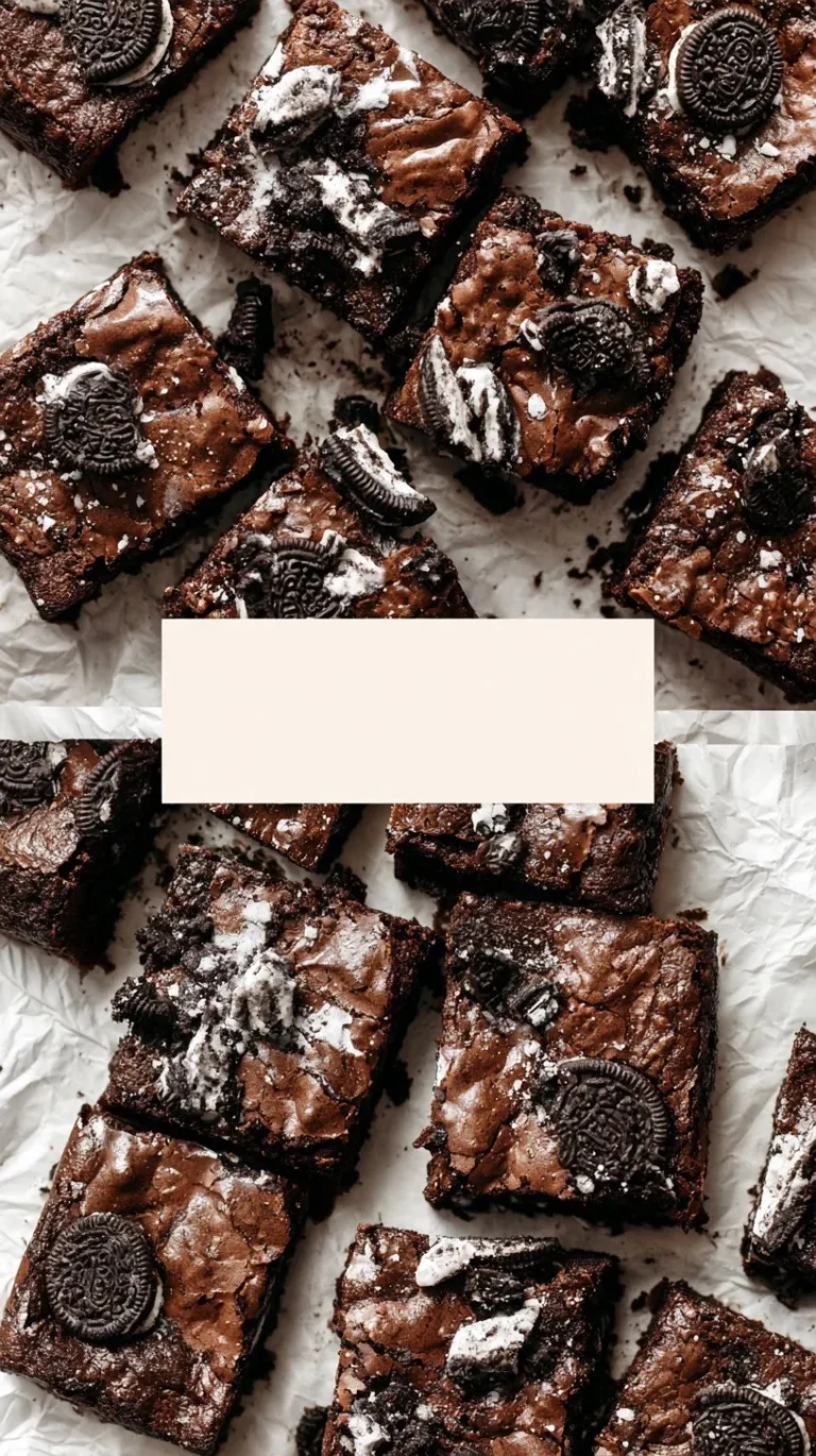 Delicious Oreo Brownies topped with cookie pieces and chocolate drizzle.