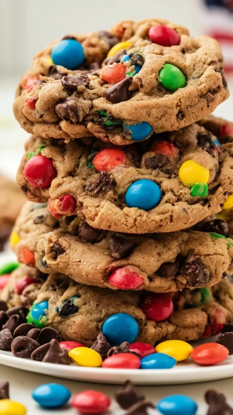 Soft and chewy monster cookies filled with chocolate and candy