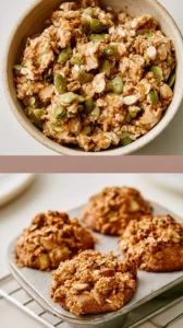 Zucchini Apple Muffins with a crunchy pumpkin seed topping on a wooden board