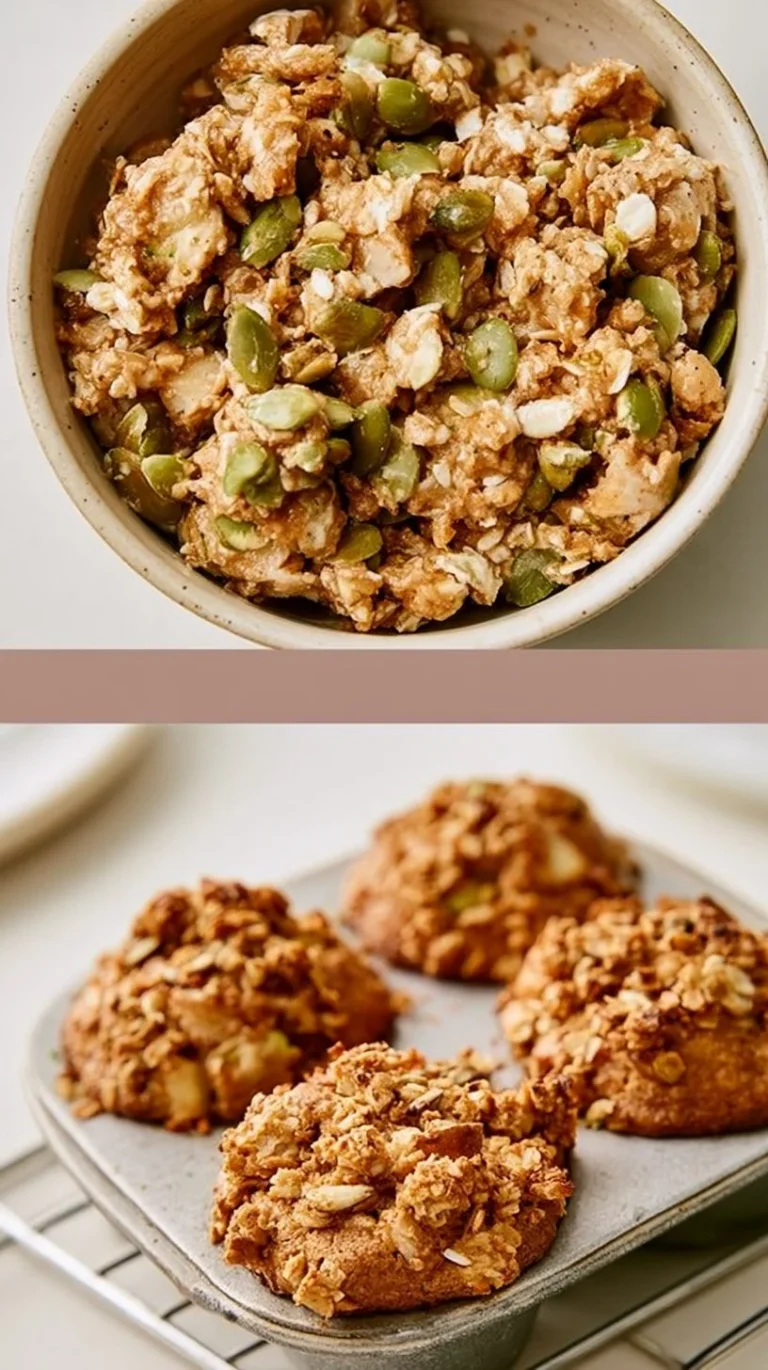 Zucchini Apple Muffins with a crunchy pumpkin seed topping on a wooden board